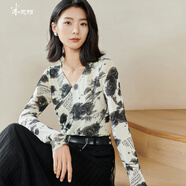 米思陽(yáng)（missshine）2024春季新款別致設(shè)計(jì)感水墨印花T恤修身彈力v領(lǐng)上衣0259 米杏色 L