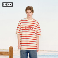 英克斯（inxx）美式校園感圓領(lǐng)T恤男復古撞色條紋印花短袖寬松五分袖女 紅色 S
