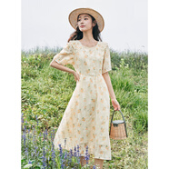 茵曼（INMAN）減齡甜美連衣裙夏女新品法式方領(lǐng)系帶收腰繡花碎花中長(cháng)裙子 花杏色 S
