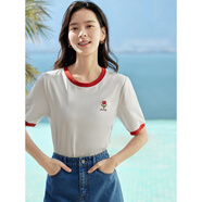 茵曼涼感撞色繡花女裝正肩短袖t恤2025夏季新品打底衫上衣 珍珠白1 XL