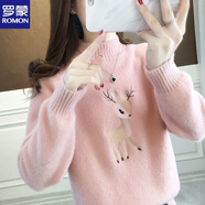 羅蒙（ROMON）羊.毛衫女秋冬新款卡通鹿針織衫半高領(lǐng)內(nèi)搭外穿長(zhǎng)袖保暖毛衣女士 粉紅色 XL 115-125斤