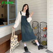 FSHE復古牛仔背帶法式連衣裙半身裙女夏季2025毛邊設計寬松中長款裙子 套裝【背帶裙+長袖襯衫】 S 【建議100斤內(nèi)】