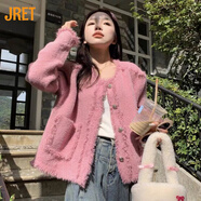 Jret小香風(fēng)高級(jí)感外套女2024秋冬加厚寬松短款粉色開(kāi)衫毛茸茸上衣女 粉色 L 建議105-115斤