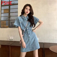 FSHE港味復古牛仔連衣裙女夏薄款氣質韓版單排扣小香風中長款裙子 淺藍色連衣 L 110-120斤