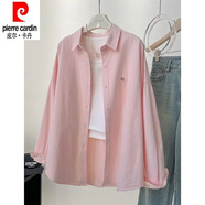 皮爾卡丹（pierre cardin）糖果色純棉襯衫女2025春裝新款韓版刺繡寬松中長款顯瘦長袖襯衣女 淺粉色 XL (120-135)