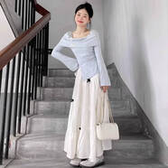 微光里法式藍(lán)色長袖連衣裙女春秋2025新款小個(gè)子小香風(fēng)氣質(zhì)減齡長裙套裝 上衣＋裙子兩件套 M