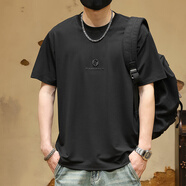 十只鶴高端冰絲涼感圓領(lǐng)短袖t恤男士夏季潮牌刺繡體恤寬松休閑半袖上衣 黑色 （夏季薄款涼感冰絲T恤） L （130-145斤）