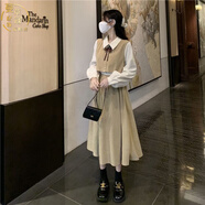 長(cháng)袖連衣裙套裝秋冬款蝴蝶結連衣裙秋冬季氣質(zhì)法式甜美復古假兩件小個(gè)子顯高中長(cháng)女學(xué)生 杏色假兩件 S