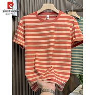 皮爾卡丹（pierre cardin）綠色橫條紋短袖T恤男2025年新款棉質(zhì)簡約體恤時尚潮流ins潮流上衣 紅色 2XL (建議145-160斤)