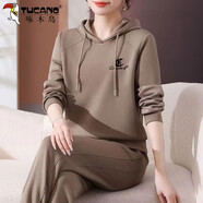 啄木鳥(niǎo)女士加絨運(yùn)動(dòng)套裝冬季2024新款減齡連帽衛(wèi)衣休閑兩件套 淺咖 加絨加厚保暖 M (80-95斤)
