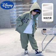 迪士尼（DISNEY）男童套裝春秋季2025新款中大童男孩痞帥連帽兒童衛(wèi)衣衛(wèi)褲兩件套潮 豆綠色【加絨】 加厚 120