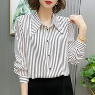 矜持范中年女春夏裝薄款長袖襯衫女2025新款40歲50媽媽裝遮肉襯衣外套 黑白條 L 95-115斤