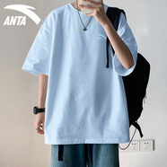 安踏（ANTA）夏季美式重磅短袖t恤男ins潮流寬松休閑落肩半袖上衣純色體恤 -9陶瓷藍(lán)【棉質(zhì)透氣】 2XL /185 適合160-180斤