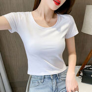 GUOCILRNins百搭純色女裝露肚臍短款修身上衣女打底衫大圓領(lǐng)短袖T恤 [優(yōu)質(zhì)面料]大圓領(lǐng)白 L