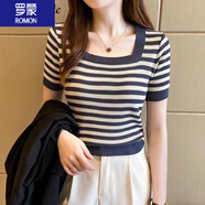 羅蒙（ROMON）女裝短袖T恤 2025夏季新款條紋薄款針織衫毛衣寬松空調(diào)衫衫上衣女 灰色 XL 110-120斤