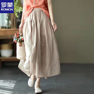 羅蒙（ROMON）棉麻半身裙女新款大擺裙純色飄逸長(cháng)裙蓬蓬裙雙層透氣文藝中腰松緊 杏色 M 建議85-105