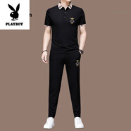 花花公子（PLAYBOY）高檔夏季桑蠶絲短袖套裝男士高端男士休閑運動(dòng)百搭套裝男裝三件套 黑色【上衣長(cháng)褲】 L 170【適合體重120-135斤】