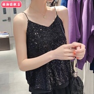 柏潮夏裝2025新款性感閃閃亮片V領(lǐng)吊帶背心女短款寬松 黑色 S 建議80-95斤
