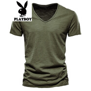 花花公子（PLAYBOY）美式復古短袖t恤男士v領(lǐng)軍綠色體恤寬松雞心領(lǐng)夏季內搭白色打底衫 37軍綠 M (145-155斤)