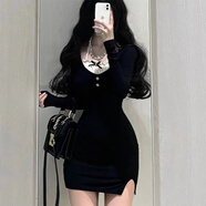妙奕嘉黑色連衣裙女純欲裙子春秋新款女裝小個(gè)子修身溫柔風(fēng)長(zhǎng)袖連衣裙 純欲風(fēng)掛脖褶皺花邊連衣裙 M 【建議105斤內(nèi)】