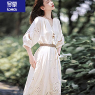 羅蒙（ROMON）女裝法式V領連衣裙女 2024新款夏季鏤空刺繡冰涼蝙蝠袖套頭中長裙 米杏色 XL