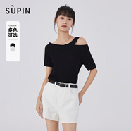 速品SUPIN女裝一字肩斜肩帶針織夏季新款露肩短袖 N13黑色 S