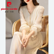 皮爾卡丹（pierre cardin）高級(jí)感真絲連衣裙2025夏季新款法式設(shè)計(jì)V領(lǐng)花邊中長(zhǎng)款桑蠶絲裙子 圖片色 L 110-120斤