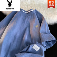 花花公子（PLAYBOY）亞麻短袖男夏季新款復(fù)古寬松休閑T恤潮流簡約刺繡圓領(lǐng)半袖體恤衫 水藍(lán)色 M 90-110斤