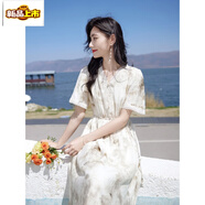 初徑文藝森女風(fēng)2025夏季短袖連衣裙V領(lǐng)顯瘦收腰長(cháng)裙子 米底綠花 S