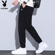 花花公子（PLAYBOY）休閑褲男褲子男春夏季寬松束腳褲燈芯絨男士小腳長褲 黑色 L