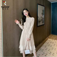 啄木鳥(niǎo)羊毛針織連衣裙女秋冬中長(cháng)款網(wǎng)紗收腰顯瘦氣質(zhì)半高領(lǐng)加絨打底毛衣 米杏色 M