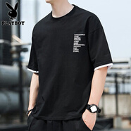 花花公子（PLAYBOY）夏季純棉短袖冰絲t恤男士薄款透氣潮流牌大碼T情侶學生半袖上衣服 35黑色 M