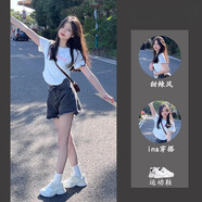 VZVG美式辣妹風(fēng)短款綁帶T恤女夏季新款高腰顯瘦短袖上衣+牛仔短褲套裝 單件上衣+牛仔褲 L