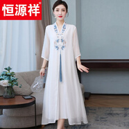 恒源祥民族風(fēng)改良旗袍歐根紗長裙女春夏2025新款大碼重工刺繡漢服連衣裙 白色 3XL
