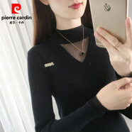 皮爾卡丹（pierre cardin）針織打底上衣女修身半高領(lǐng)蕾絲毛衣秋冬季長袖打底衫內(nèi)搭拼接網(wǎng)紗 黑色 2XL 125-145斤