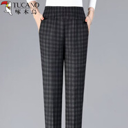 啄木鳥(niǎo)新款媽媽褲子大碼中老年女褲高腰彈力媽媽格子褲女款寬松中年女褲 灰小格春秋款 XL 建議110-125斤
