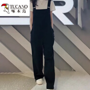 啄木鳥2025超火大碼黑色背帶褲女時(shí)尚百搭工裝褲梨形身材寬松顯瘦吊帶褲 黑色背帶褲 M 【建議85-100斤】