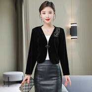 賽曼蝶春秋旗袍外搭披肩女金絲絨短外套長(cháng)袖西裝小批肩坎肩外披盤(pán)扣開(kāi)衫 黑色 XL