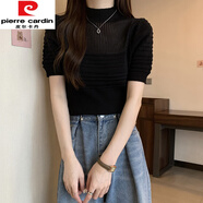 皮爾卡丹（pierre cardin）冰絲半高領(lǐng)短袖t恤女針織春夏獨(dú)特別致純欲辣妹短款泡泡袖上衣針 黑色今年流行的輕奢品牌 XL 建議105-115斤