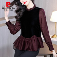 皮爾卡丹（pierre cardin）法式金絲絨上衣女長(cháng)袖襯衣春秋冬新款媽媽收腰打底衫裙擺襯衫 深棕色 L 建議105-115斤