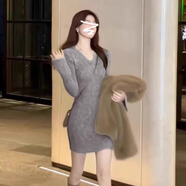 圣保美針織連衣裙女裝秋冬季2024新款春秋內搭打底短裙小個(gè)子性感包臀裙 灰色 3XL 碼