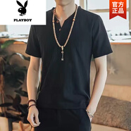 花花公子（PLAYBOY）冰絲短袖t恤男夏季薄款亞麻半袖上衣大碼V領(lǐng)男士寬松男裝棉麻體恤 黑色袖短 XL