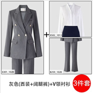 古緹琪正裝女套裝大學(xué)生面試職業(yè)裝西裝外套女2025新款西服職場(chǎng)工作服春 灰色西服+闊腿褲+V領(lǐng)襯衫 L