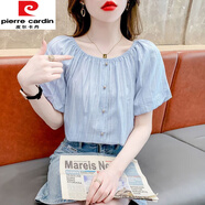 皮爾卡丹（pierre cardin）法式泡泡袖襯衫女2025年夏季新款韓版一字肩短袖襯衣氣質(zhì)顯瘦上衣 藍色 【高 好質(zhì)量】今年流行的輕 L 【建議100-115斤】