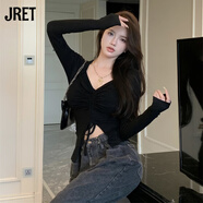 Jret辣妹v領(lǐng)長袖T恤女春秋新款抽繩設(shè)計(jì)感小眾修身顯瘦純欲風(fēng)露臍上衣 黑色 XL (115-125斤內(nèi)穿)
