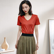 米思陽(yáng)（missshine）2024秋裝新款百搭舒適透氣T恤女短袖V領(lǐng)打底衫 磚紅色 M