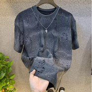 暢登夏季新款輕奢高品質(zhì)男士滿(mǎn)天星短袖T恤潮流亮片漸變燙鉆破洞上衣 灰色 【T398】 XL