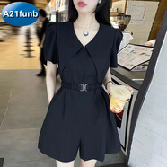 A 21 FUNB工裝連體短褲女夏2025新款韓版寬松感洋氣減齡時(shí)尚顯瘦連體衣 黑色連體褲(版) L