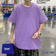 WASSUP HERMU官方潮牌短袖t恤男夏季純棉寬松圓領(lǐng)內(nèi)搭情侶裝半袖學(xué)生體恤上衣 淺紫色 XL （建議135-160斤）