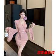 顧夕岑蕾絲v領(lǐng)喇叭袖連衣裙女秋季緊身粉色裙子御姐輕熟風(fēng)包臀魚(yú)尾長(cháng)裙 粉色短/款 S